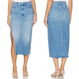 MOTHER The Split Second Denim Midi Skirt Mediterranean Muse Blue Wash Size 24